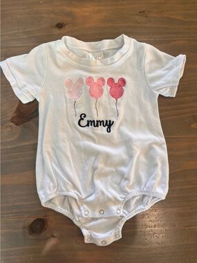 White Baby Onesie with Mickey Balloons and Emmy Embroidery